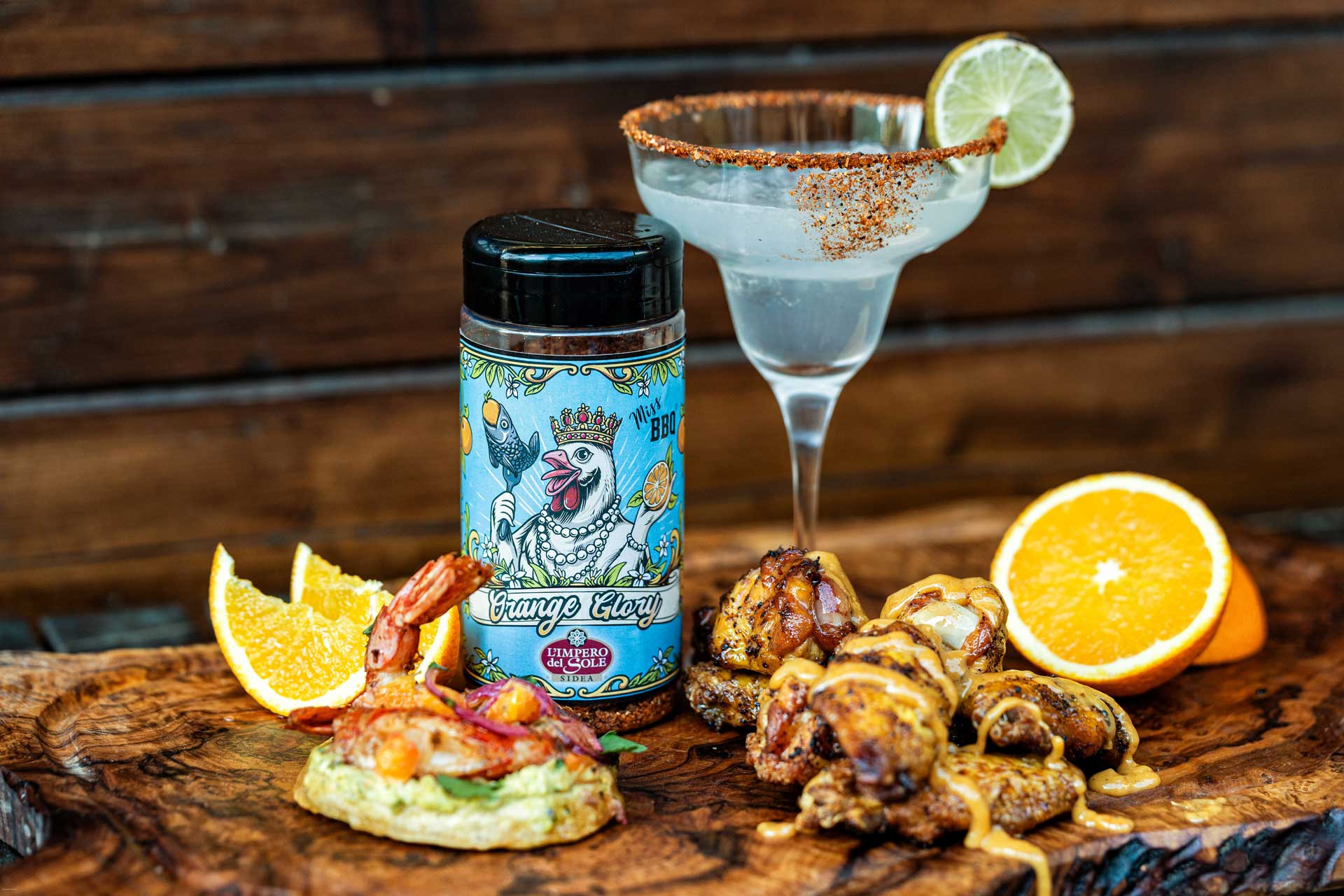 Orange Glory spezia agrumi BBQ con cocktail, bocconcini di pollo e gamberi